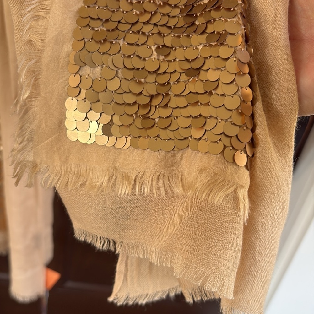 NWT Tory Burch Silk / Wool Sequined Shawl Scarf Gold Tan Retail $275.00 - Picture 6 of 10